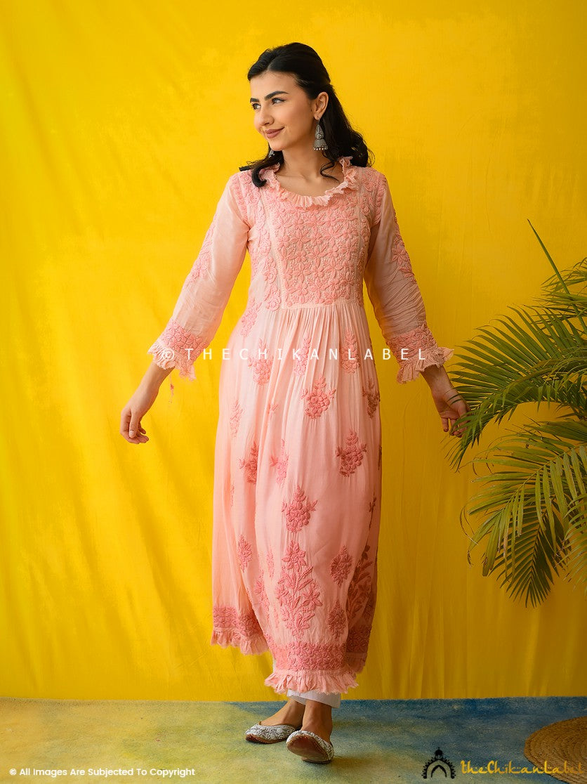 Peach Noori Muslin Chikankari Anarkali ,Chikankari Anarkali in Muslin Fabric For Woman