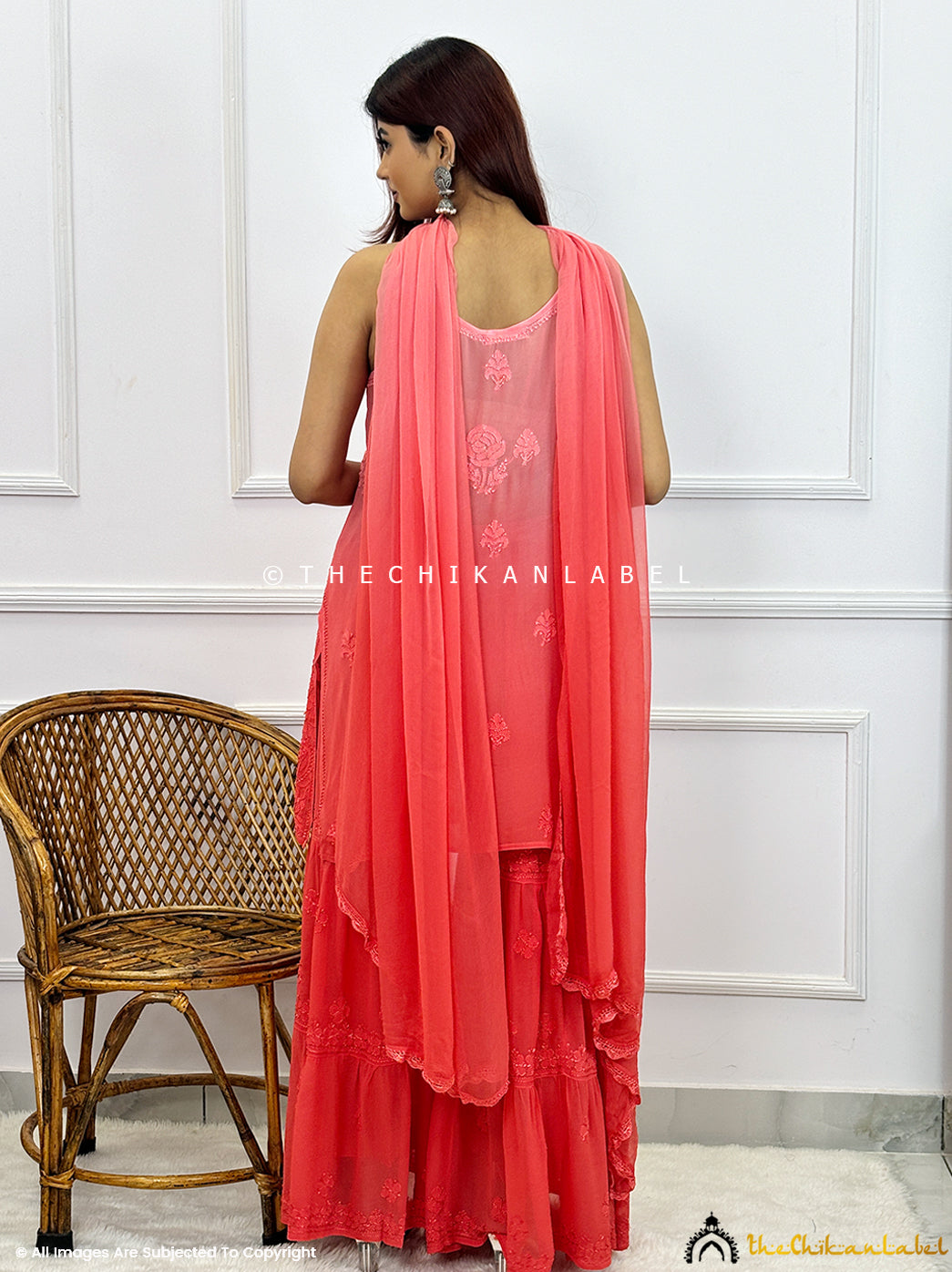 Peach Ombre Jia Viscose Chikankari Strappy Kurta Set