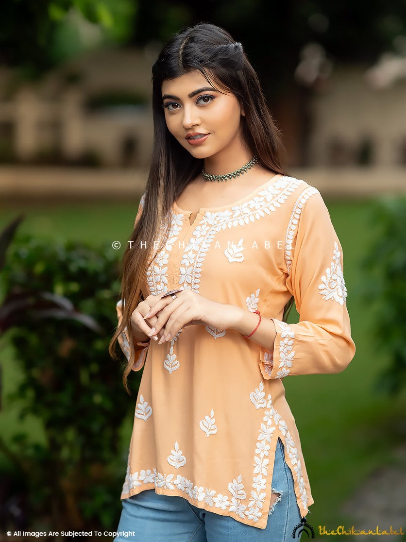 Orange Geet Modal Chikankari Short Top ,Chikankari Short Top in Modal Fabric For Woman