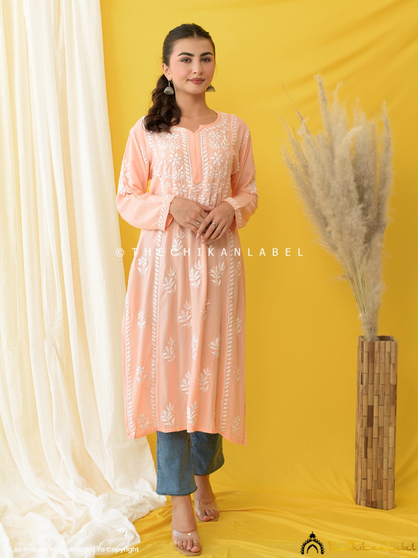 Imaya Peach Rayon Chikankari Straight Kurti ,Chikankari Straight Kurti in Rayon fabric For Woman 