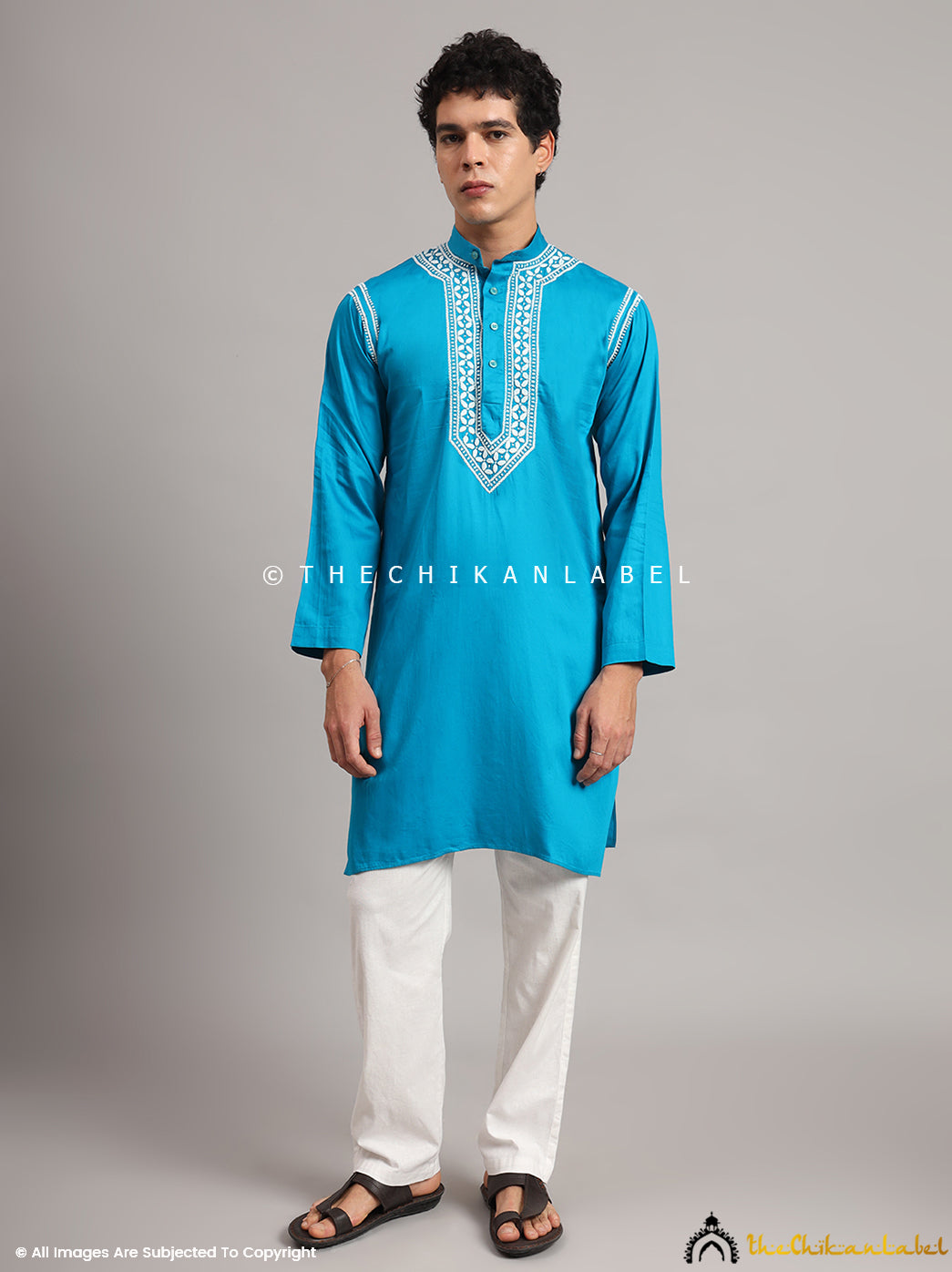 Peacock Blue Uman Cotton Chikankari Men's Kurta