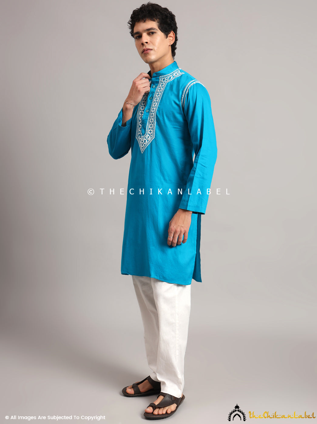 Peacock Blue Uman Cotton Chikankari Men's Kurta