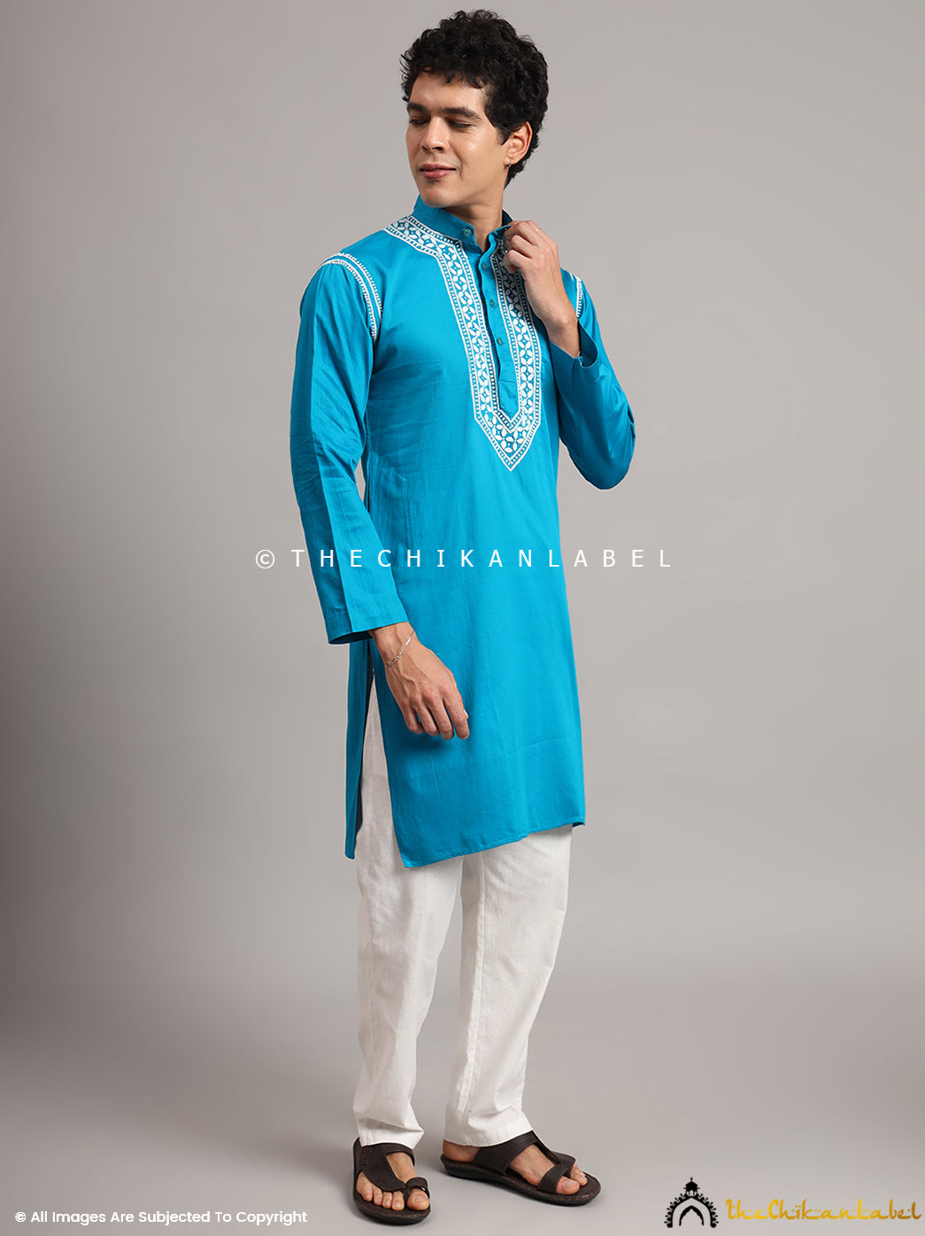 Peacock Blue Uman Cotton Chikankari Men's Kurta