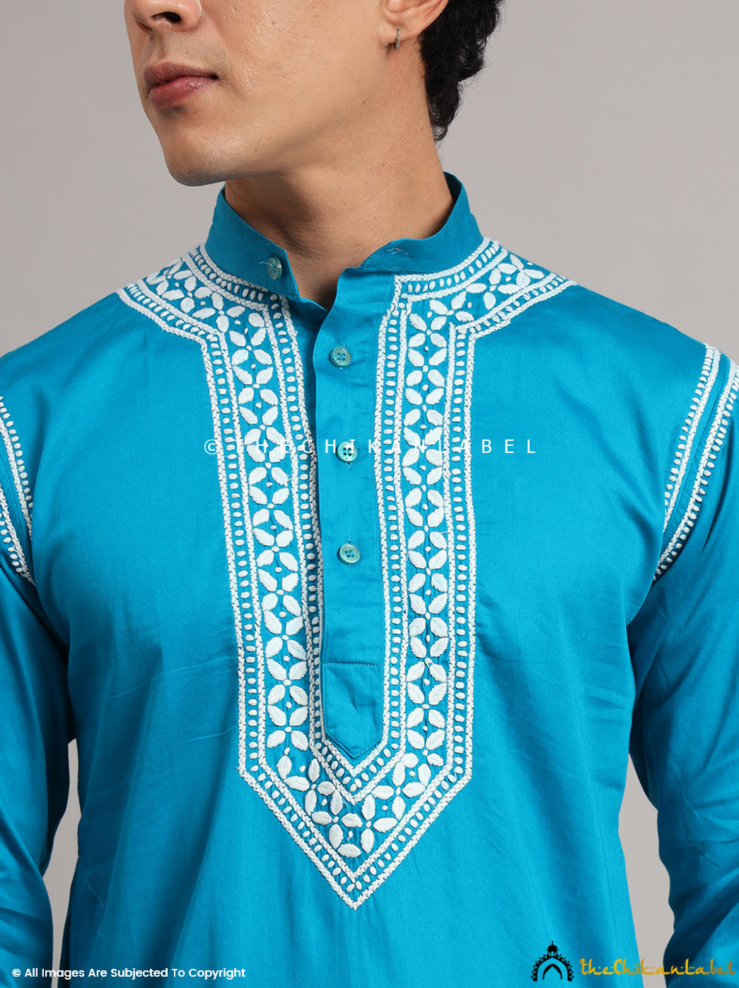 Peacock Blue Uman Cotton Chikankari Men's Kurta