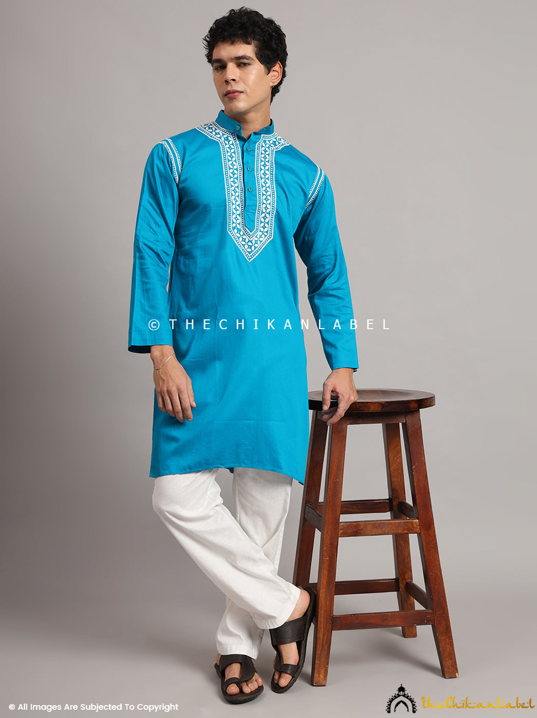 Peacock Blue Uman Cotton Chikankari Men's Kurta