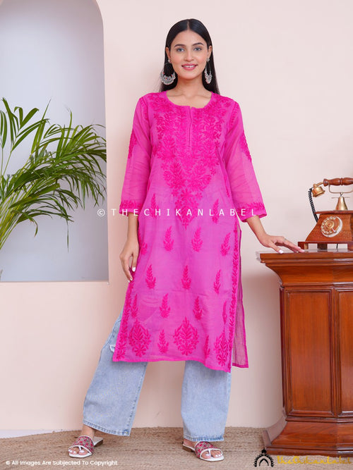 Pink Ayah Kota Cotton Chikankari Straight Kurti