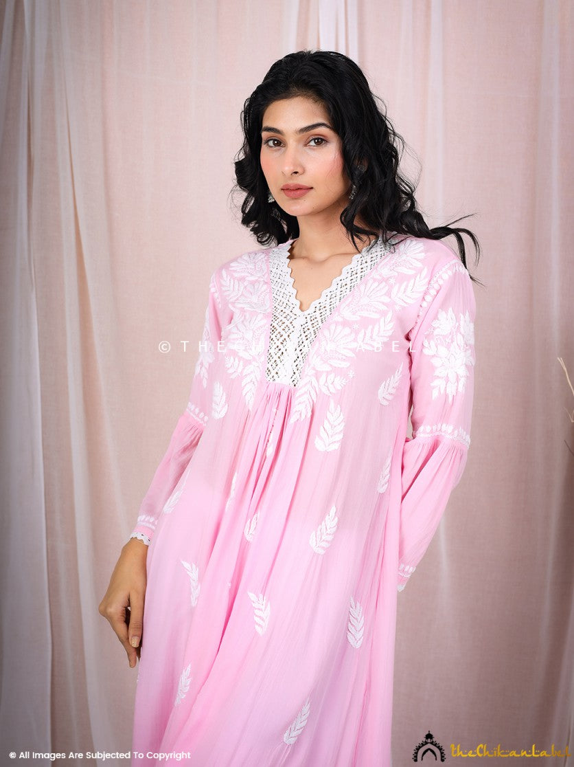 Pink Ruhina Modal Chikankari A-Line Kurti ,Chikankari A-Line Kurti in Modal Fabric For Woman