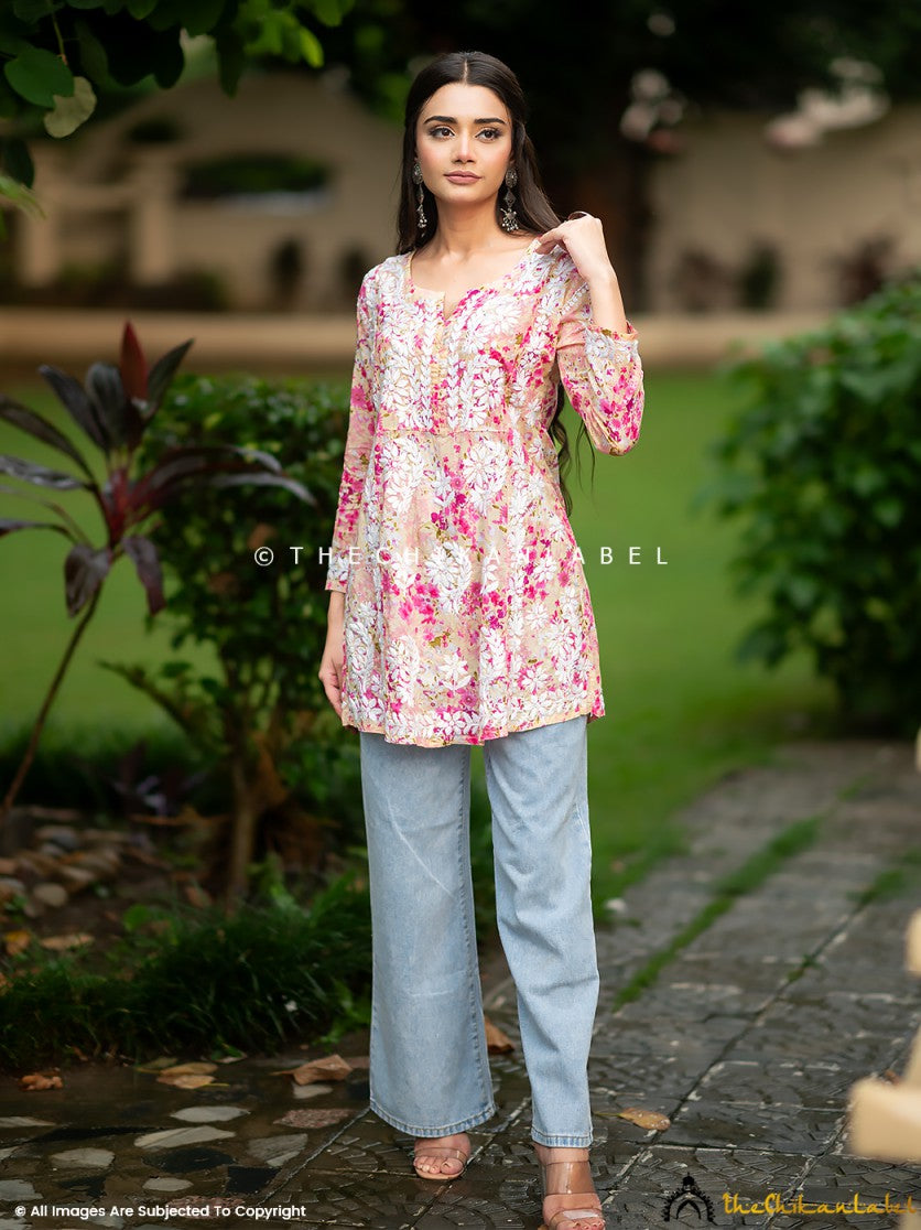 chikankari short kurti, chikankari tunic top, pink chikankari short kurti, chikankari short kurti in cotton fabric for women