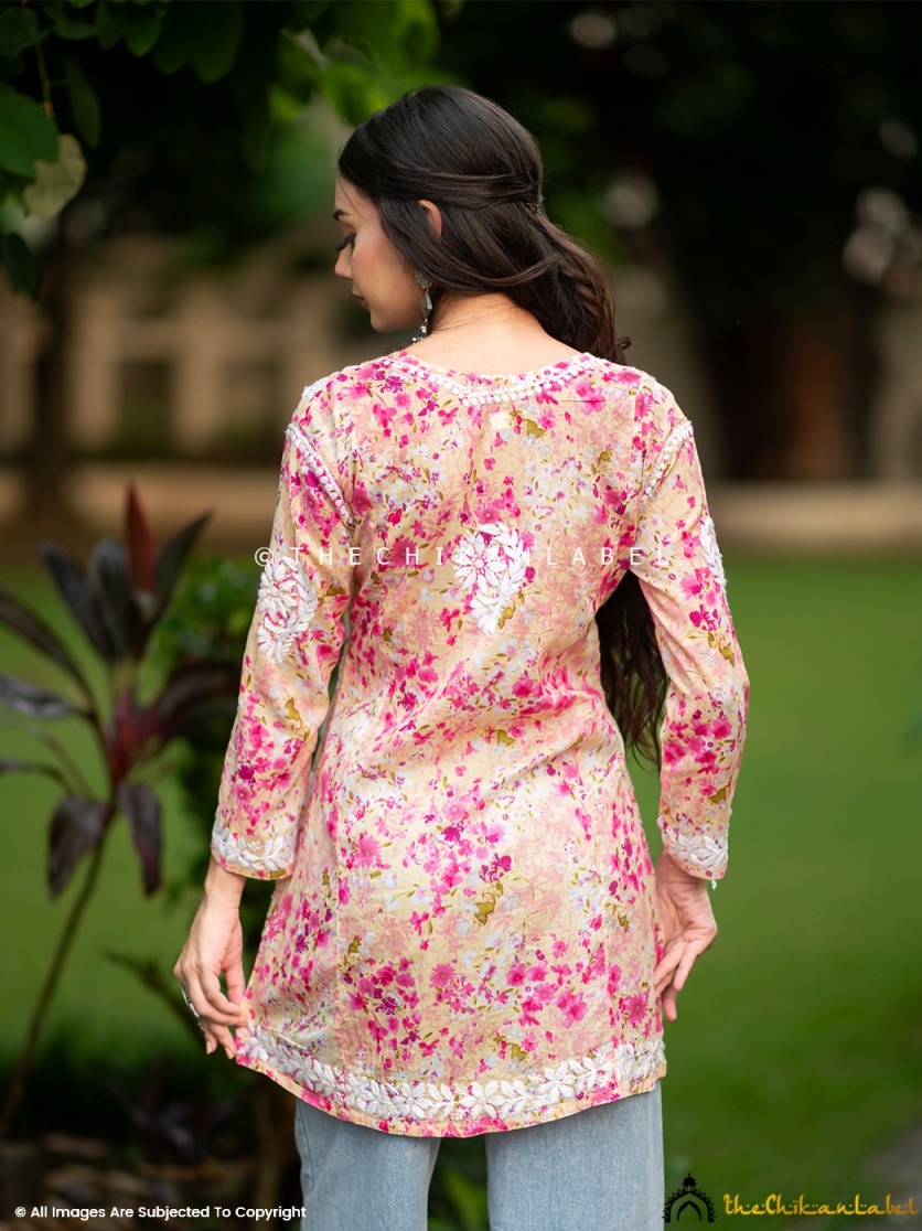 chikankari short kurti, chikankari tunic top, pink chikankari short kurti, chikankari short kurti in cotton fabric for women