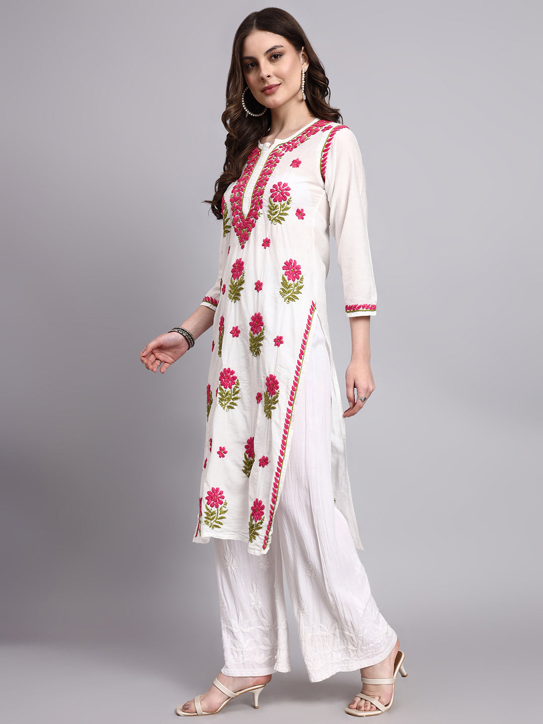 Aashvi Chanderi Chikankari Straight Kurti - Pink