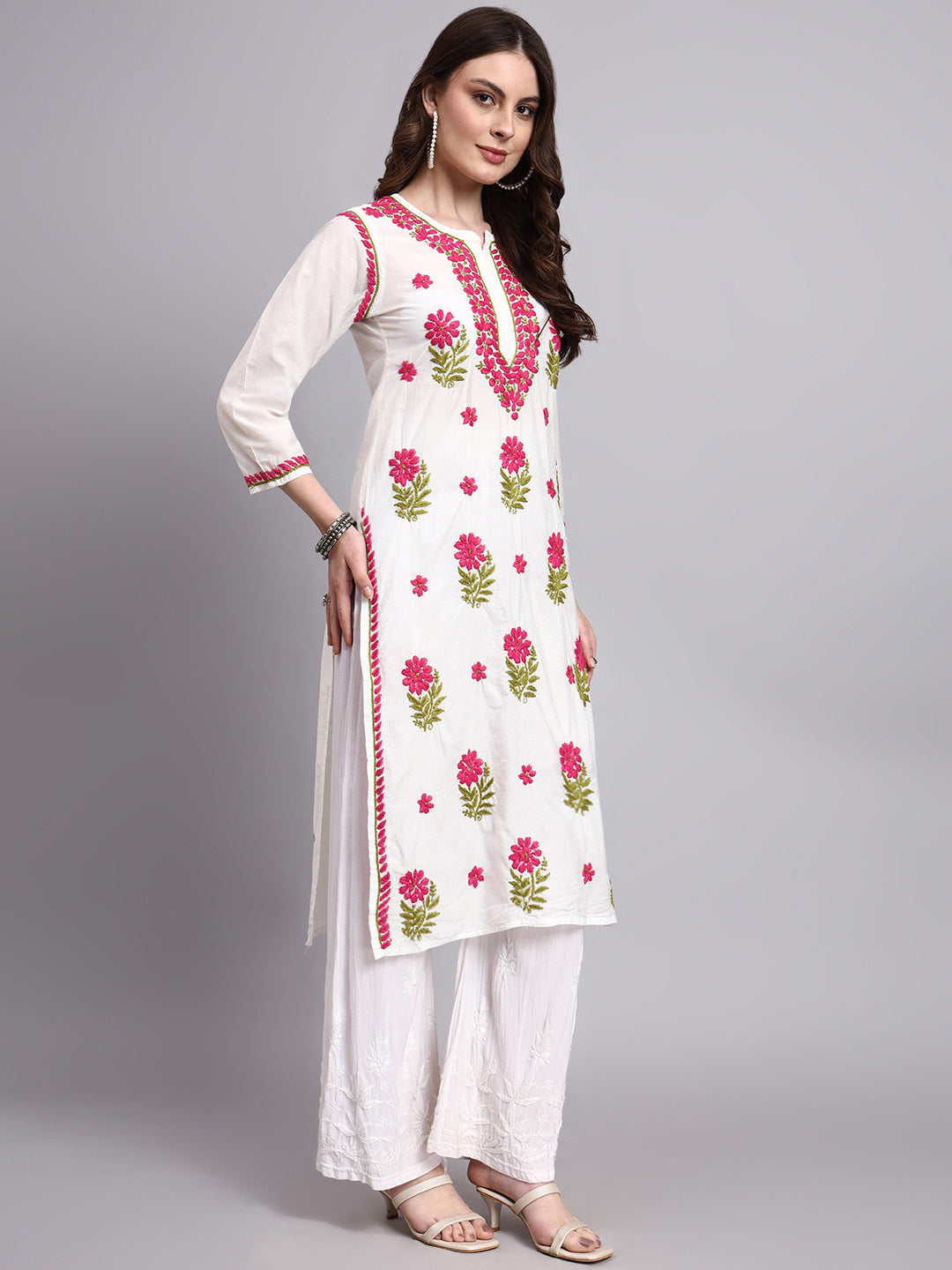 Aashvi Chanderi Chikankari Straight Kurti - Pink