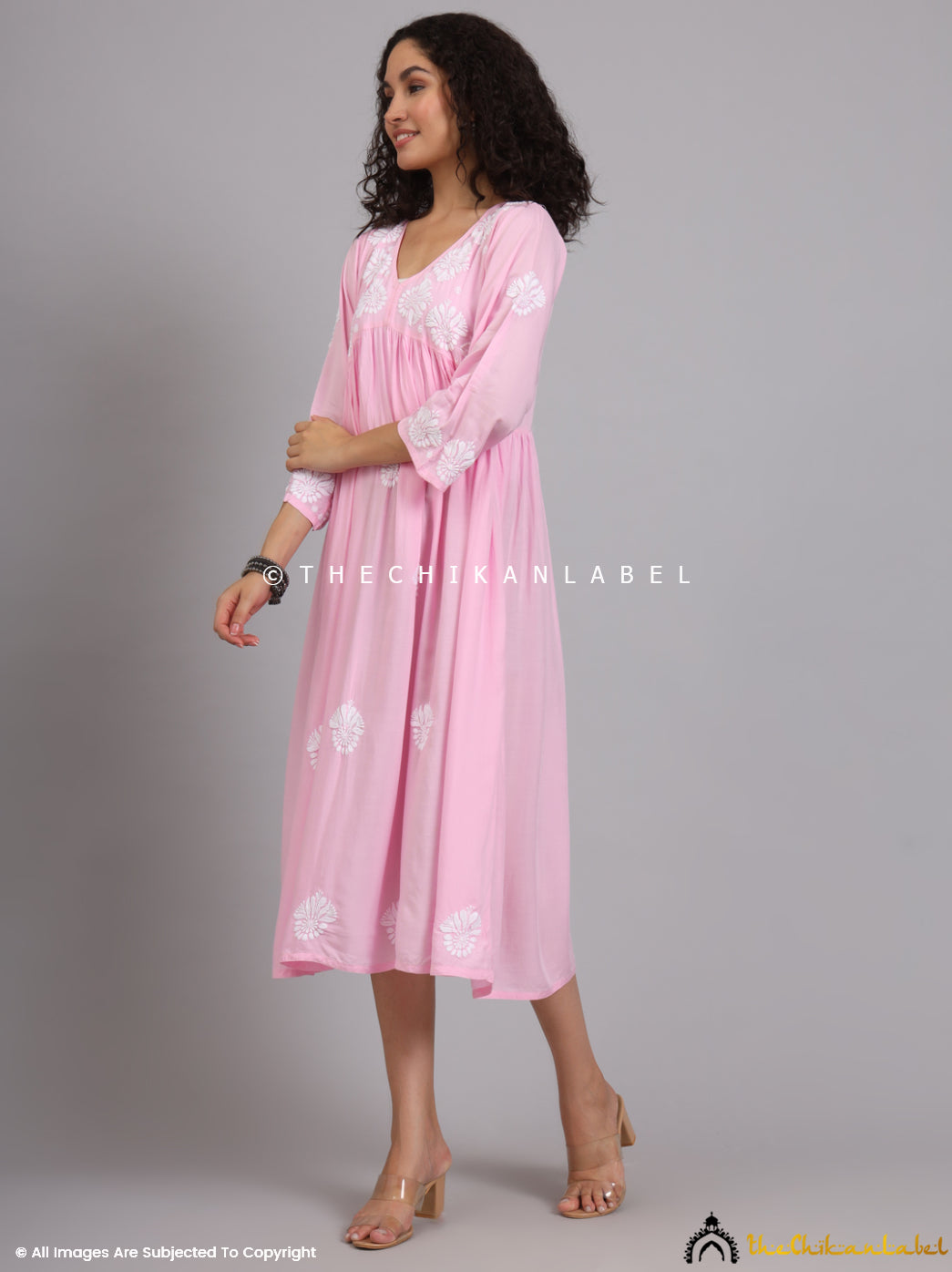 Pink Aina Modal Chikankari Alia Cut A-Line Kurti