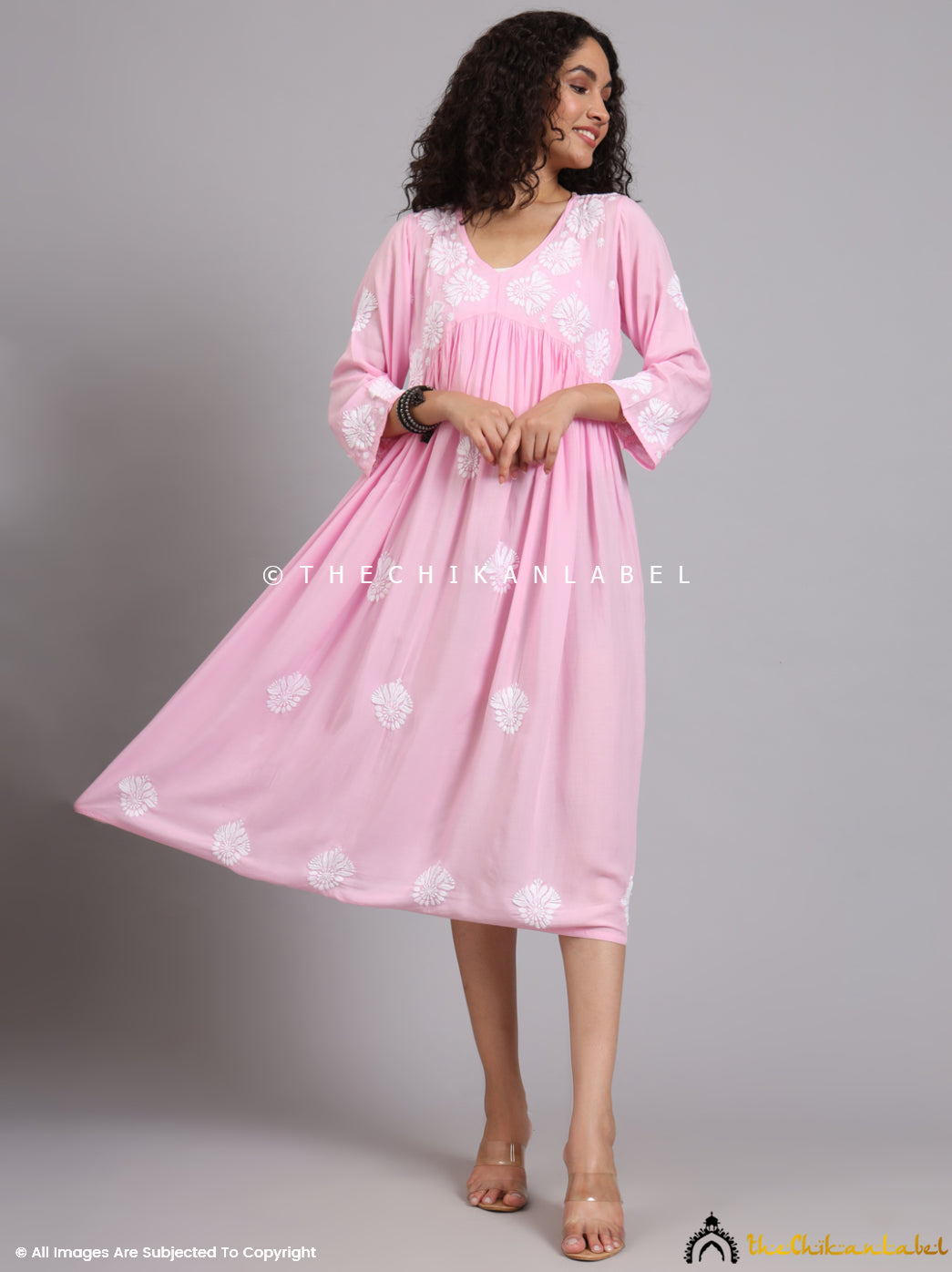 Pink Aina Modal Chikankari Alia Cut A-Line Kurti