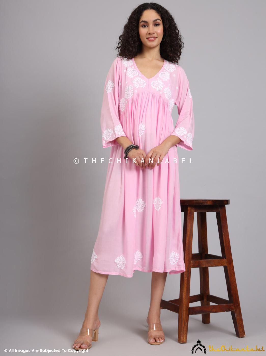 Pink Aina Modal Chikankari Alia Cut A-Line Kurti