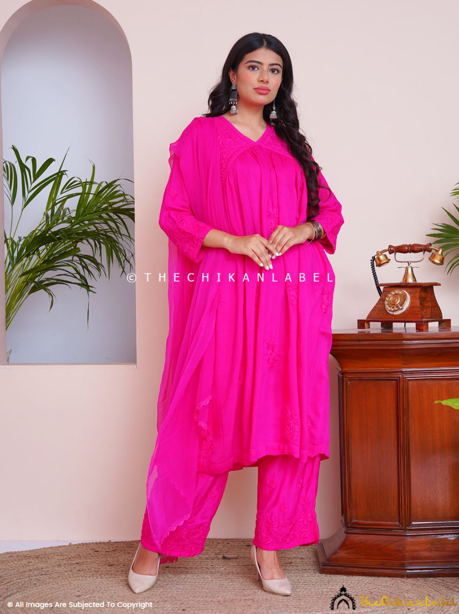 pink chikankari kurti pant set with dupatta in muslin fabric for women, Lucknow chikankari kurta set