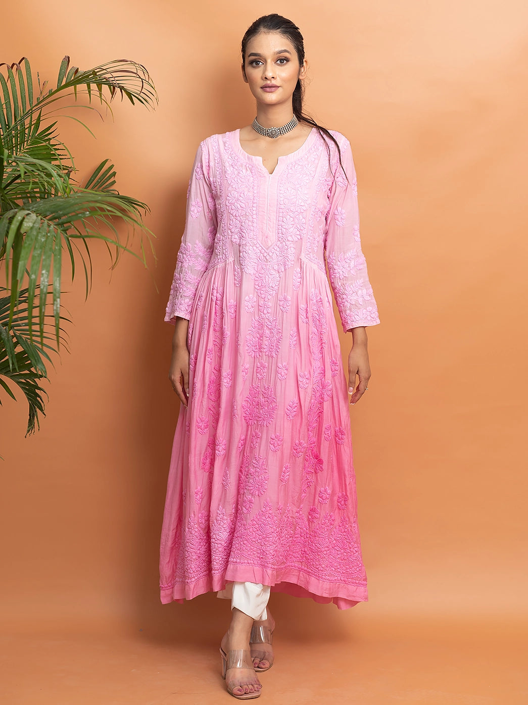 Baby Pink Muslin Chikankari A-Line Kurti