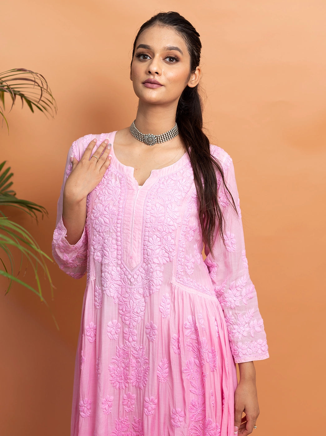 Baby Pink Muslin Chikankari A-Line Kurti