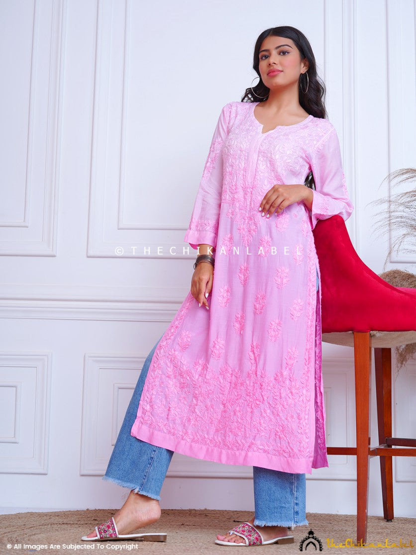 Women's Lakhnavi Handcrafted Pink Cotton Chikankari Kurti - NC068832 –  Nazranachikan