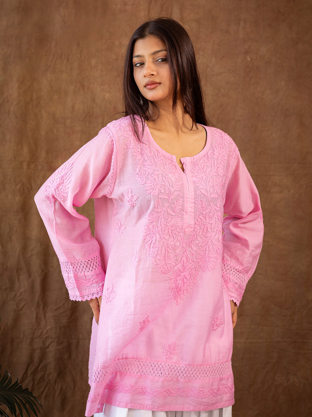 Handcrafted chikankari kurti farshi salwar set showcasing fine Lucknow embroidery on lightweight Chanderi fabric for graceful ethnic wear