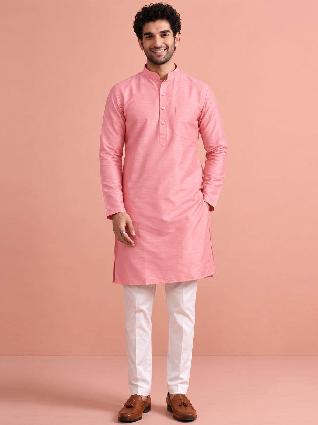 Avi Cotton Mens Straight Kurta - Pink