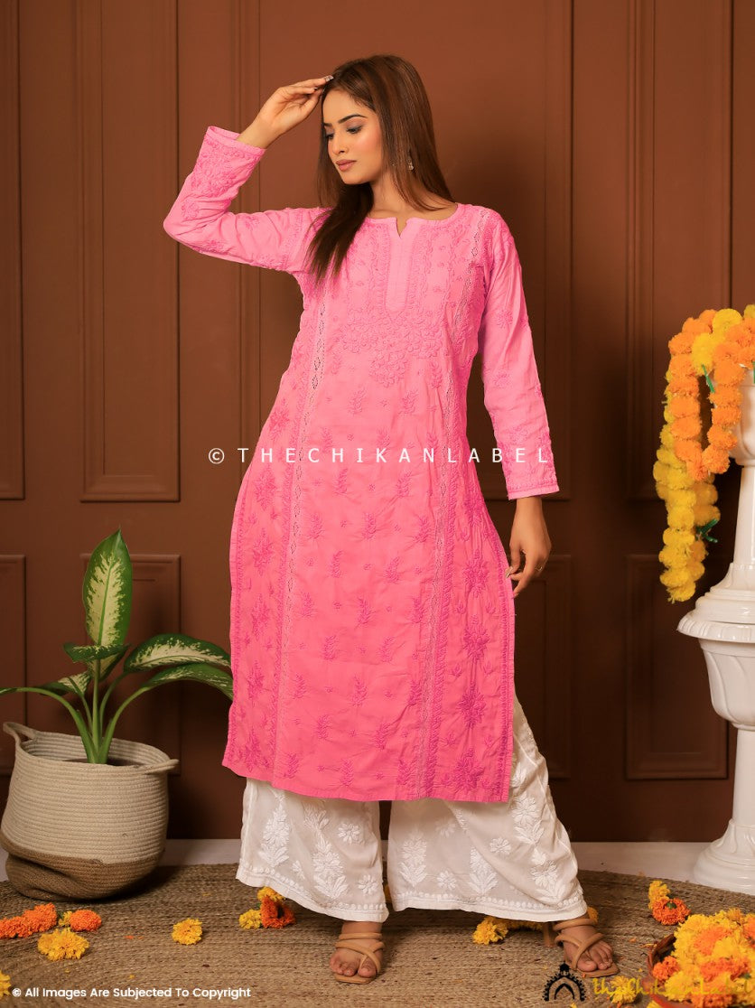 Peach Anaya Cotton Chikankari Straight Kurti ,Chikankari Straight Kurti in Cotton Fabric For woman