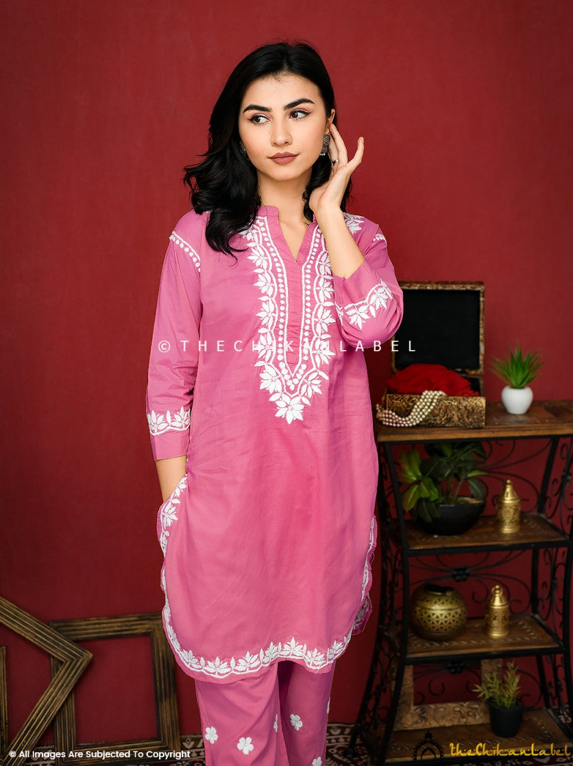 Pink Rumi Organic Cotton Chikankari Kurta Set ,Chikankari Kurta Set in Organic Cotton Fabric For Woman