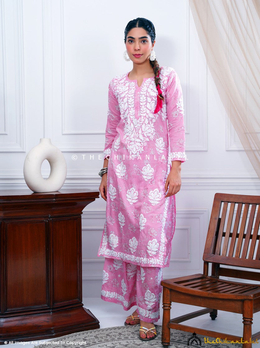 Tvis and Bliss. Hand Embroidered Pink Cotton Lucknow Chikankari Short kurti