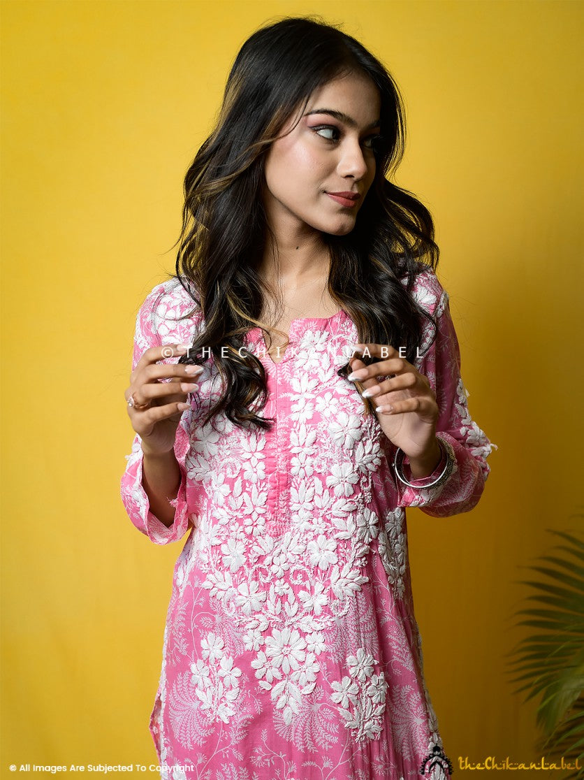 Pink Saazi Mulmul Cotton Chikankari Kurta Set ,Chikankari Kurta Set in Mulmul Cotton For Woman