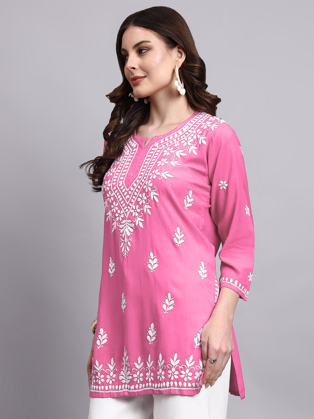 Traditional chikankari embroidered rayon short kurta with straight silhouette and lightweight breathable fabric