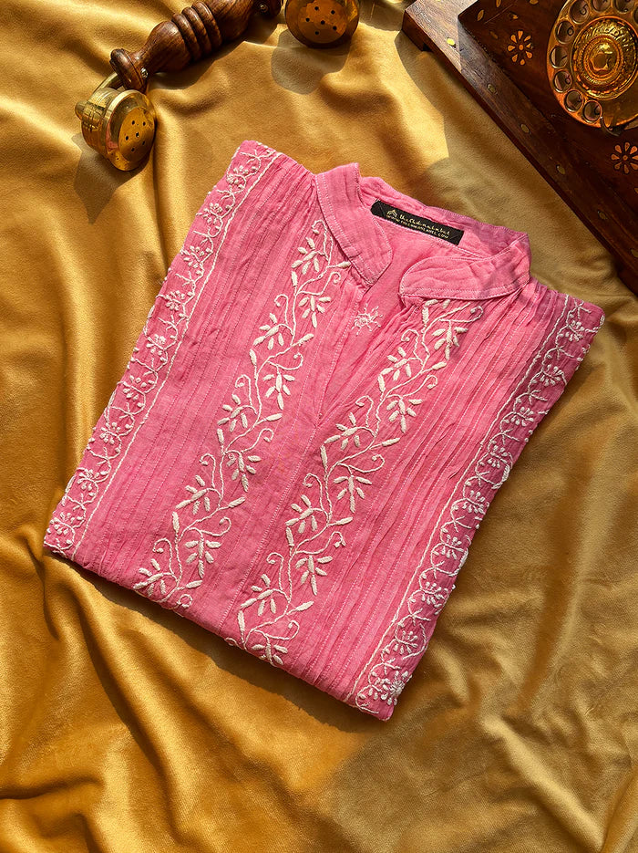 Feba Mul Chanderi Semi-Stitched Chikankari Short Kurta - Pink