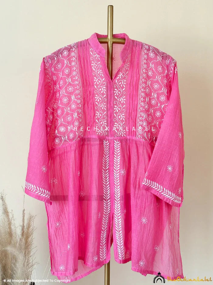 Feba Mul Chanderi Semi-Stitched Chikankari Short Kurta - Pink