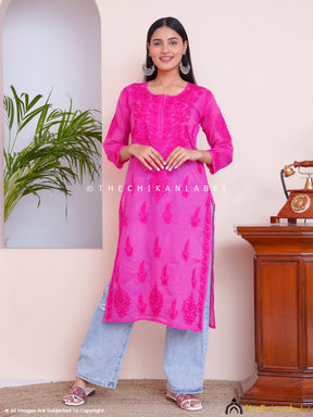 Pink Ayah Kota Cotton Chikankari Straight Kurti