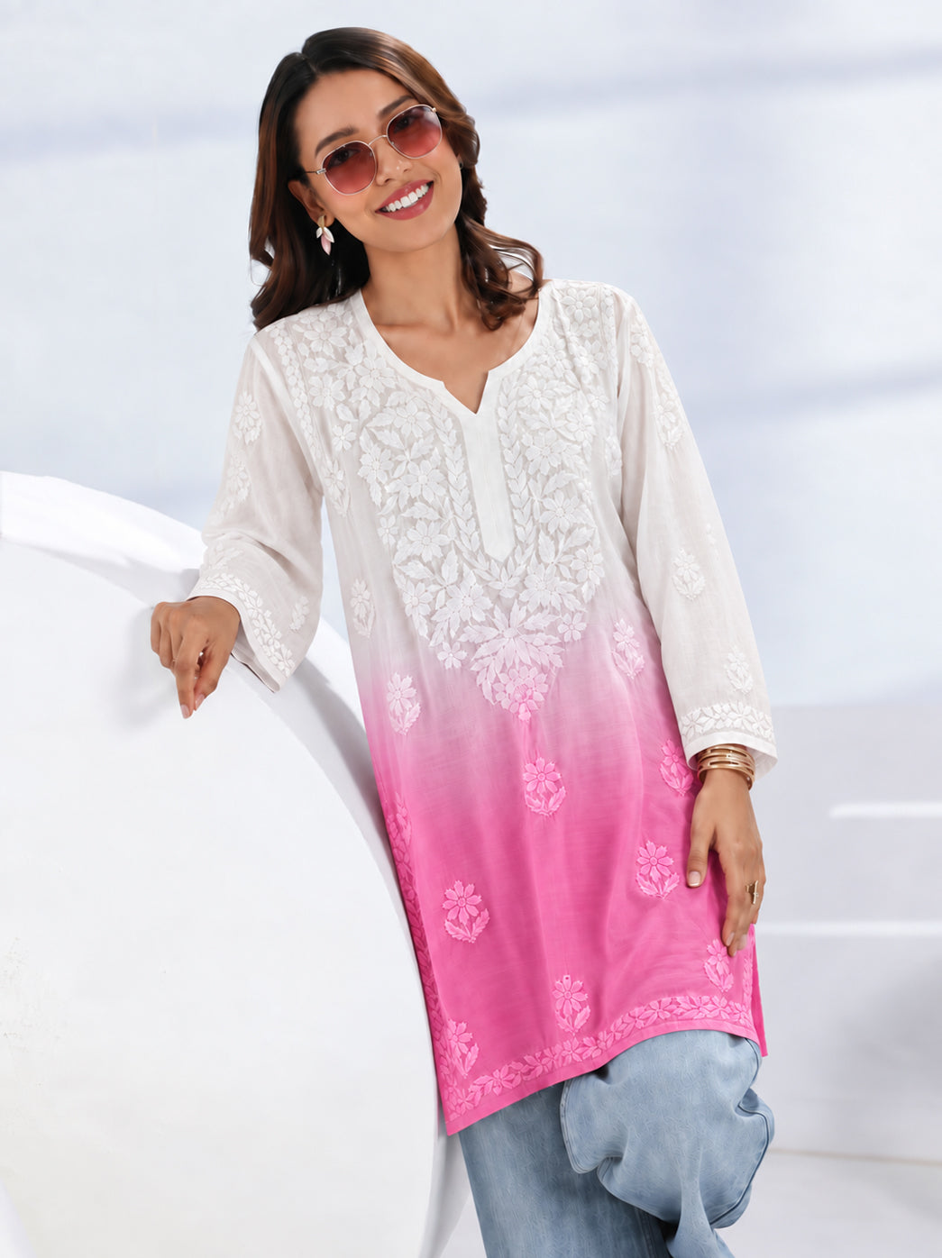 Megha Muslin Chikankari Straight Kurti - Pink