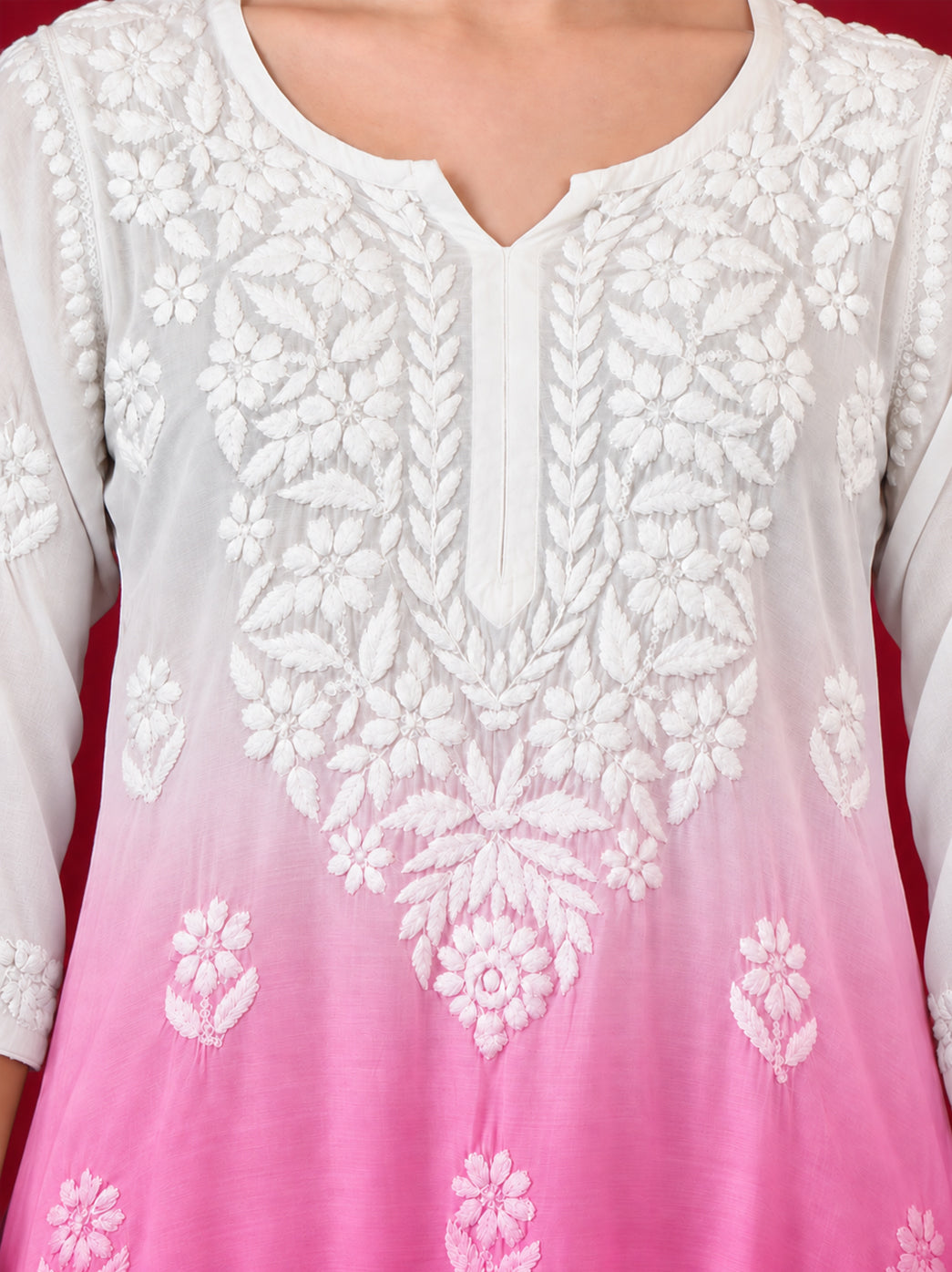 Megha Muslin Chikankari Straight Kurti - Pink