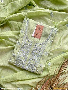 Pista Green Gulaal Chanderi Mulmul Semi-Stitched Kurti Piece with Dupatta