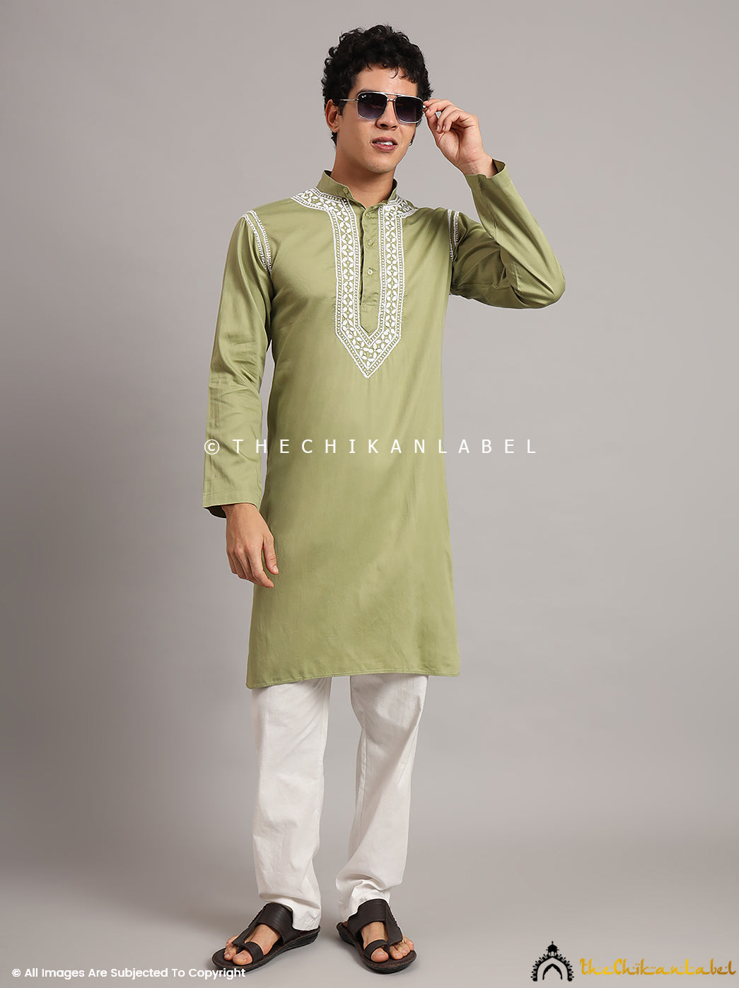 Green Uman Cotton Chikankari Men's Kurta