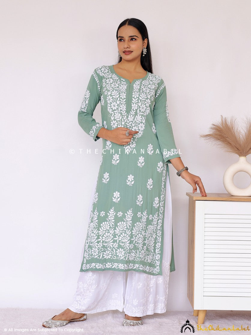 Pista Green Aashi Modal Chikankari Straight Kurti