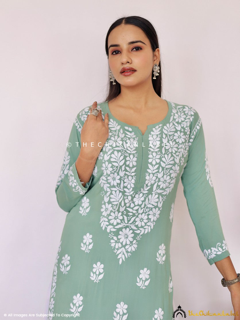 Pista Green Aashi Modal Chikankari Straight Kurti