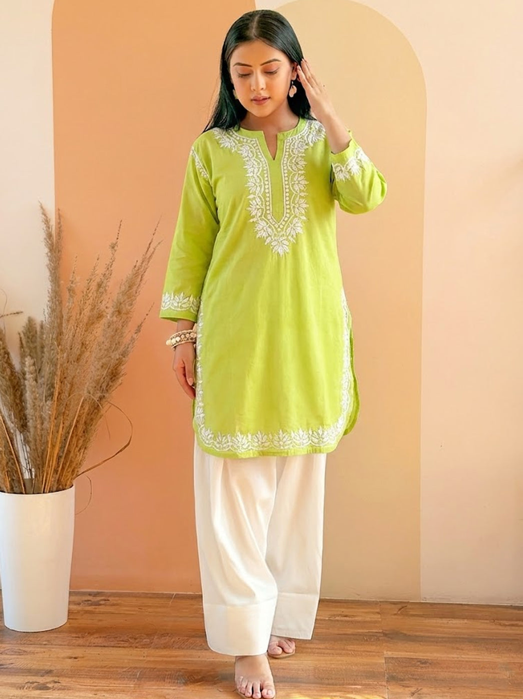 Pista Green Cotton Chikankari Farshi Salwar Set