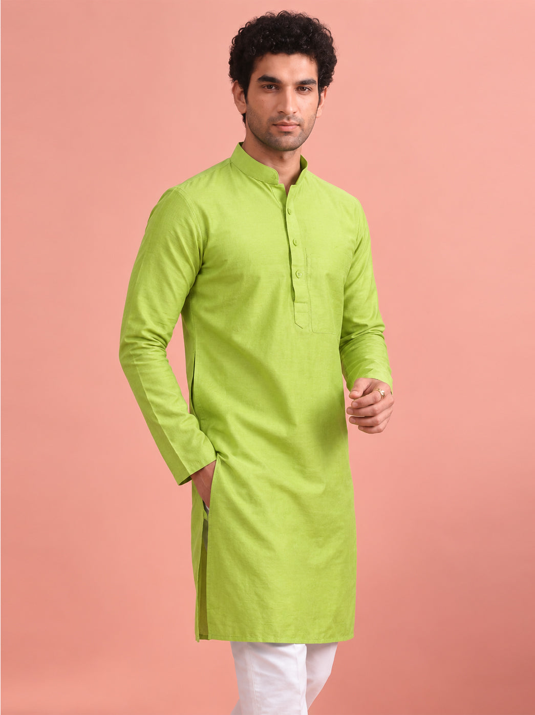 Avi Cotton Straight Kurta styled on a male model with a traditional straight silhouette, full sleeves, band collar, button-front placket, and relaxed regular fit