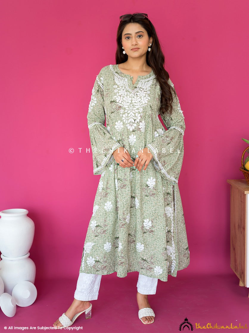 Pista Green Zoha Mulmul Cotton Chikankari A-Line Kurti