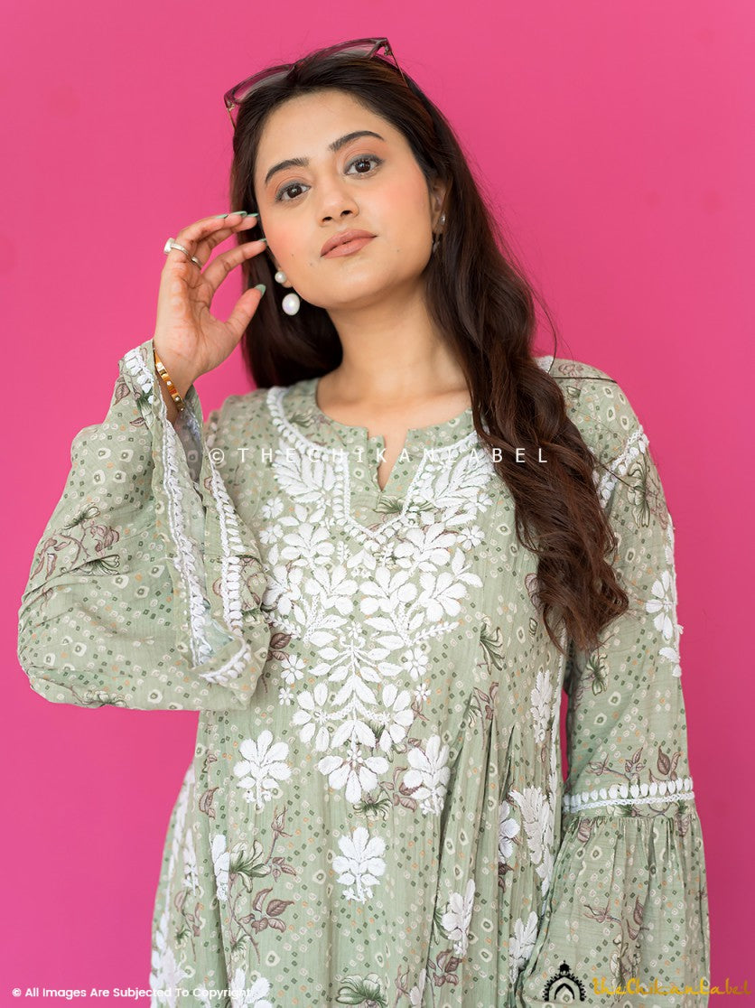 Pista Green Zoha Mulmul Cotton Chikankari A-Line Kurti