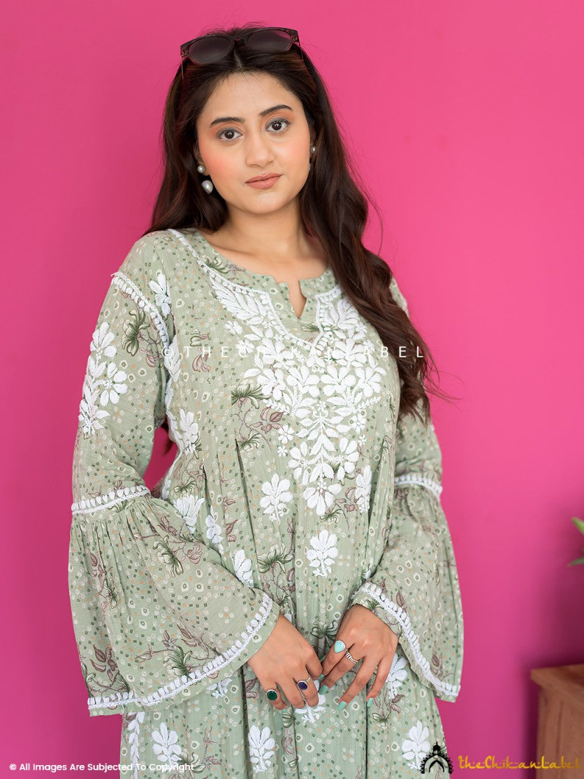 Pista Green Zoha Mulmul Cotton Chikankari A-Line Kurti