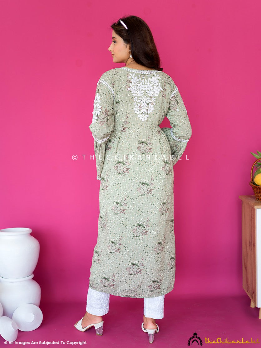 Pista Green Zoha Mulmul Cotton Chikankari A-Line Kurti