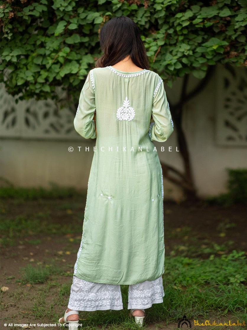 Pista Green Safa Muslin Chikankari Straight Kurti ,Chikankari Straight Kurti in Muslin Fabric For Woman