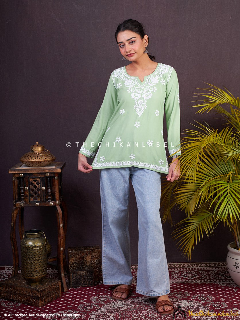 Pista Green Sangeet Modal Chikankari Short Kurta ,Chikankari Short Kurta in Modal fabric For Woman