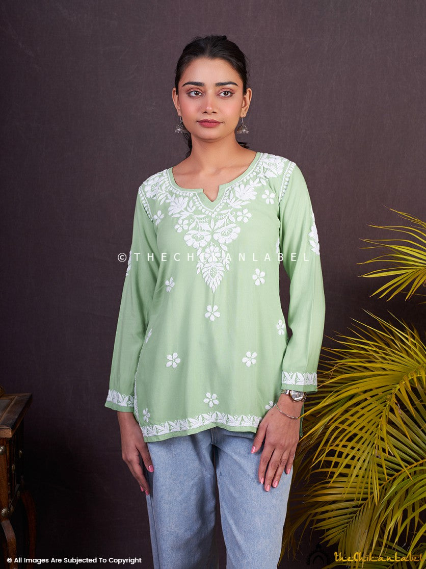 Pista Green Sangeet Modal Chikankari Short Kurta ,Chikankari Short Kurta in Modal fabric For Woman