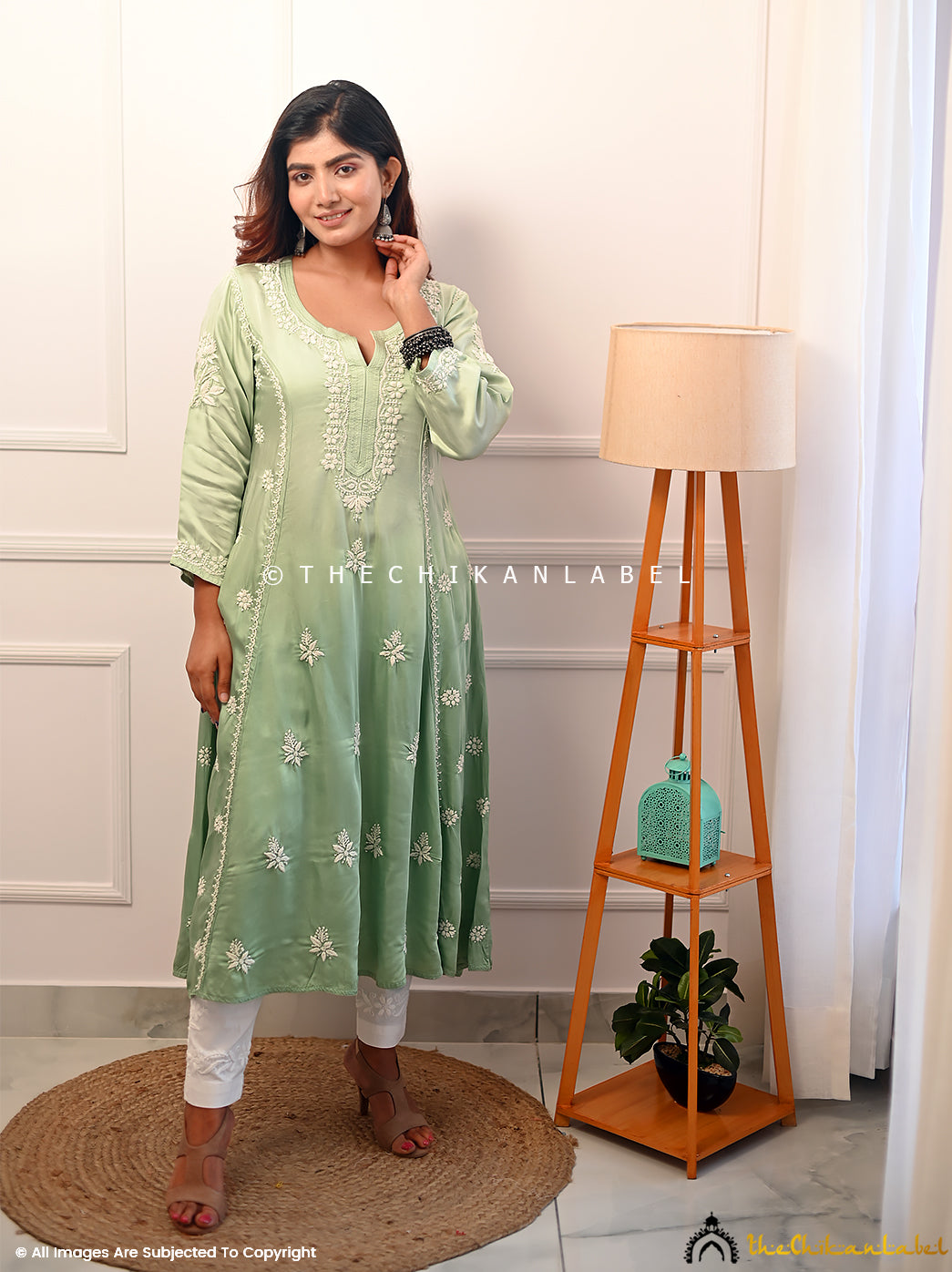 Pista Green Isha Modal Satin Chikankari A-Line Kurti ,Chikankari A-Line Kurti in Modal Fabric For Woman