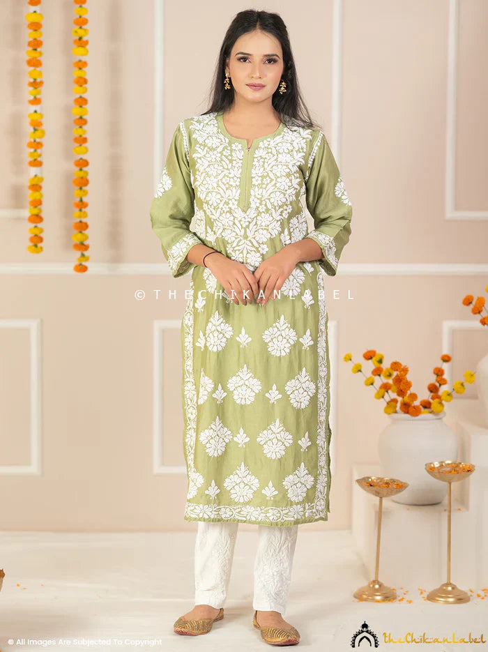 Uzma Chanderi Chikankari Kurta - Pista Green