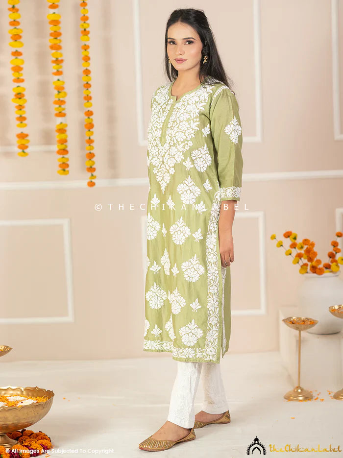 Uzma Chanderi Chikankari Kurta - Pista Green